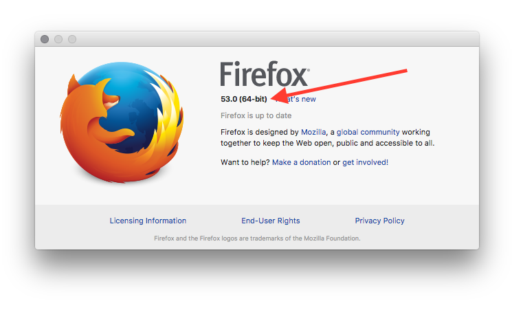 The About screen in Firefox on a Mac