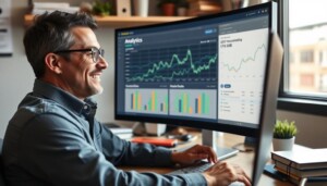 Man analyzing positive SEO analytics data
