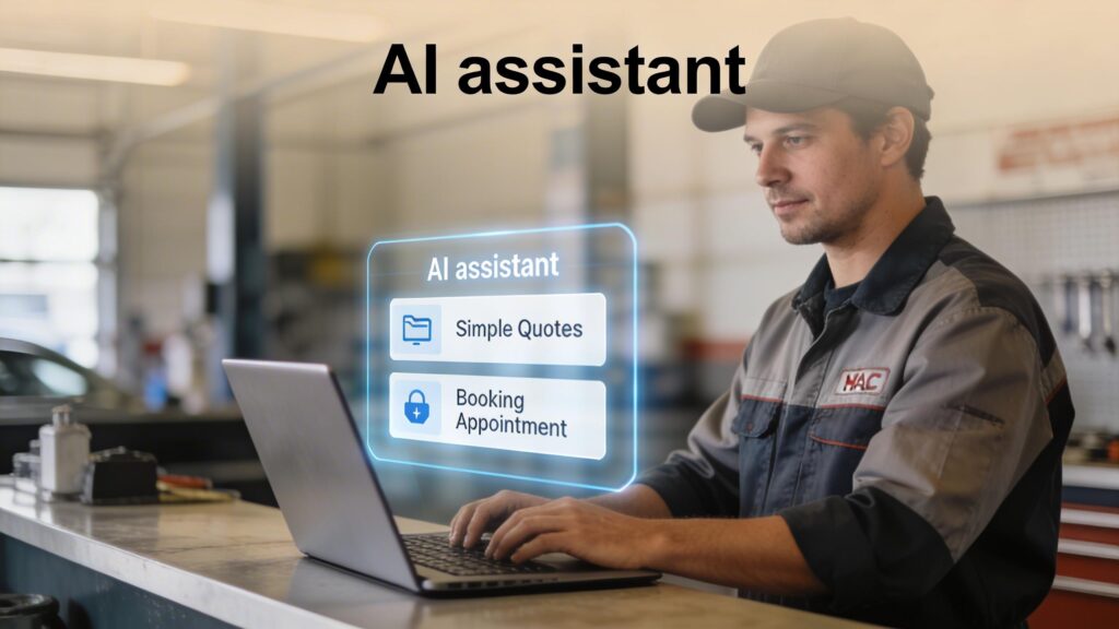 An auyo shop service business owner standing at a front counter with a laptop open, while a subtle “AI assistant” glow/overlay is shown comparing quotes and booking an appointment.