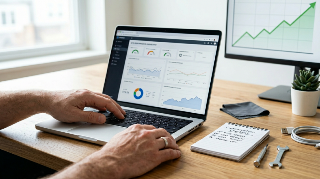 Photorealistic close-up of hands performing a “website tune-up” concept: laptop with a generic website interface on screen, nearby tools like a small wrench and checklist notepad, subtle upward trending chart in the background.